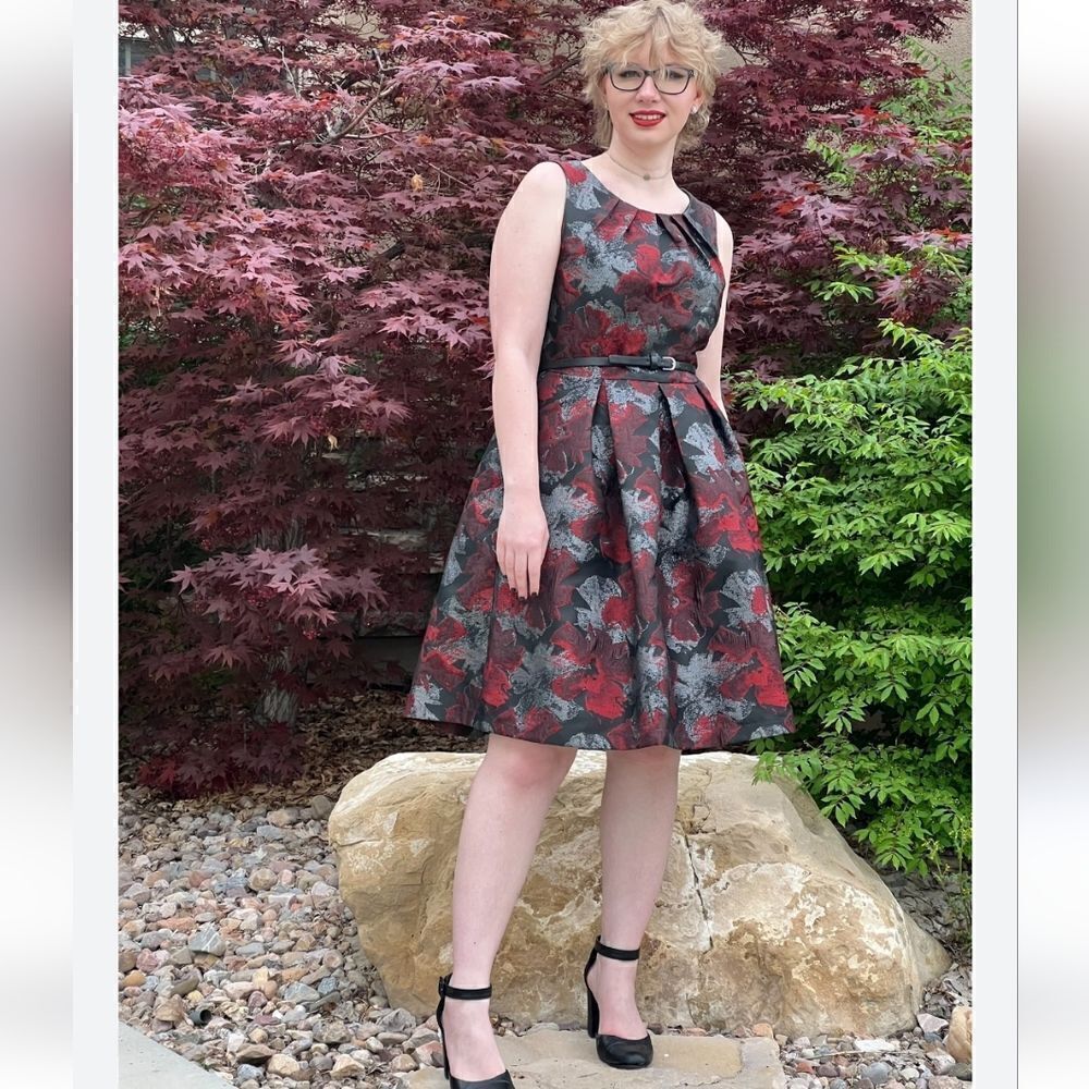 Roz & Ali Jacquard Dress in Black Red & Silver Size 10